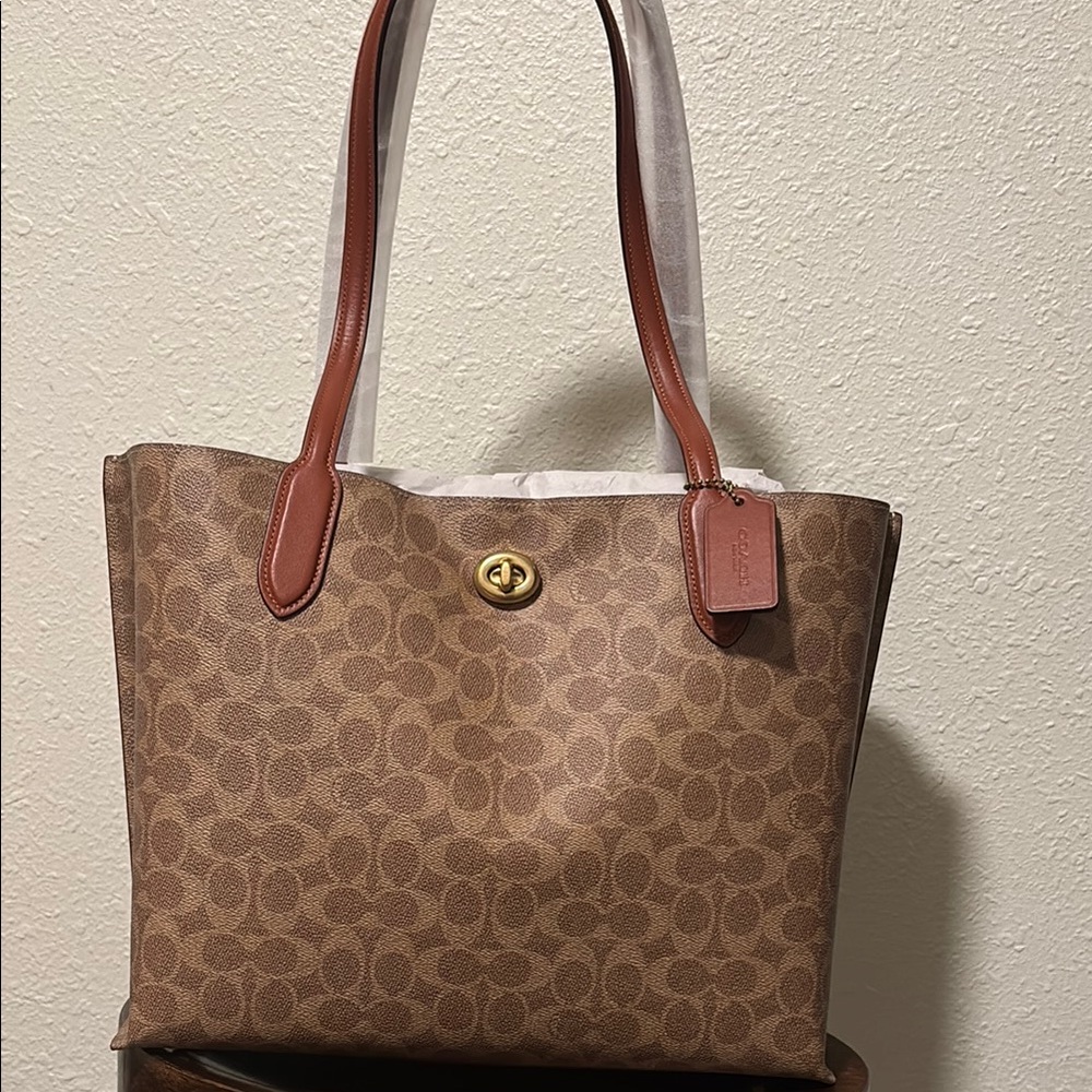 Coach Tan Signature Tote with Brown Accents